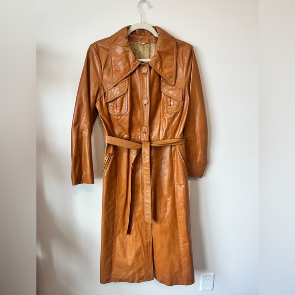 SOLD 1970βs brown Leather Trench Coat - Picture 1 of 4